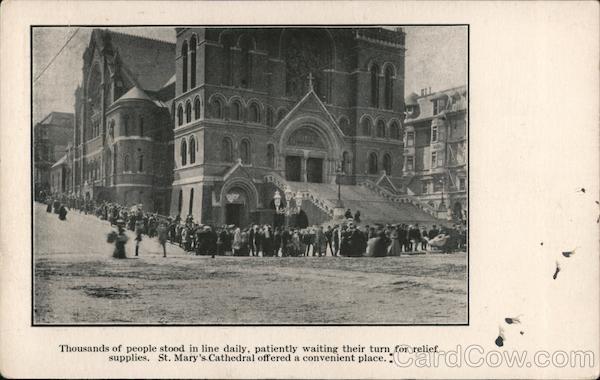 Thousands of people stood in line daily, patiently waiting their turn for relief supplies. St. Mary's Cathedral offered a convenient place