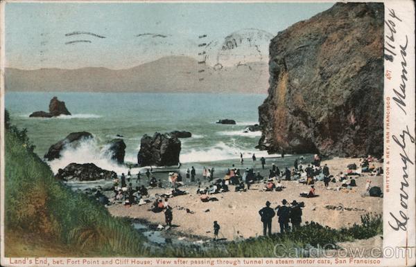 Land's End, bet. Fort Point and Cliff House: View after passing through tunnel on steam motor cars, San Francisco