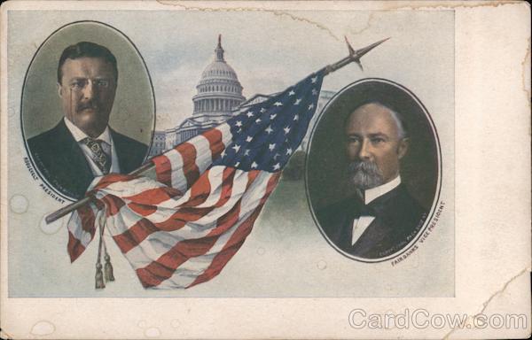 Oval Portraits of Teddy Roosevelt and Charles Fairbanks / Capitol Building / American Flag