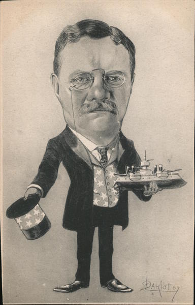 Caricature of Teddy Roosevelt Holding a Toy Warship