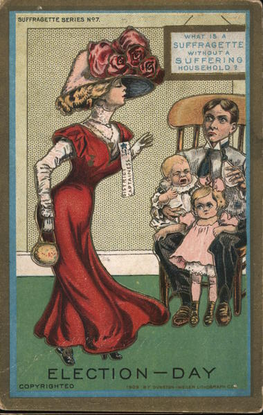 Election Day - A Woman Going to Vote While a Man Holds Two Children in a Rocking Chair