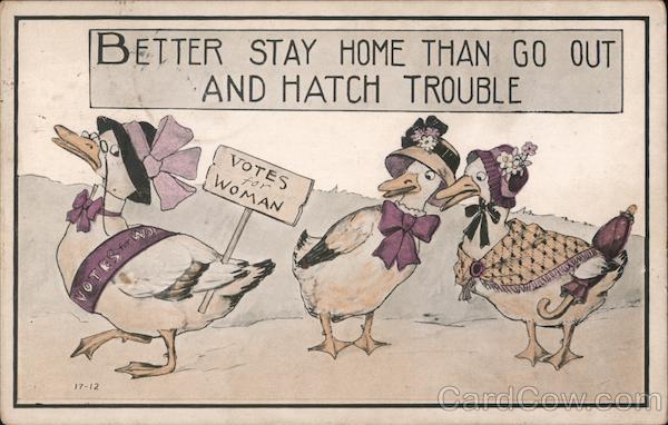 Better Stay Home Than Go Out and Hatch Trouble - A Chicken Holding a Votes for Woman Sign