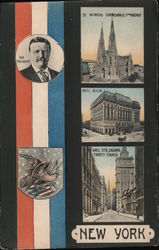Circular Portrait of Teddy Roosevelt / Various New York City Landmarks Postcard