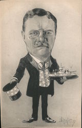 Caricature of Teddy Roosevelt Holding a Toy Warship Postcard