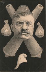 Drawing of Teddy Roosevelt In Front of Crossed Cannons Postcard
