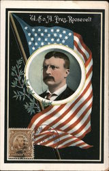 American Flag / Circular Portrait of Teddy Roosevelt Postcard