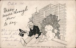 Cartoon of Teddy Roosevelt Walking Through Buildings Postcard
