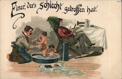 A Man Bathing Two Children in an Apron While a Woman Sits and Reads a Book. Postcard