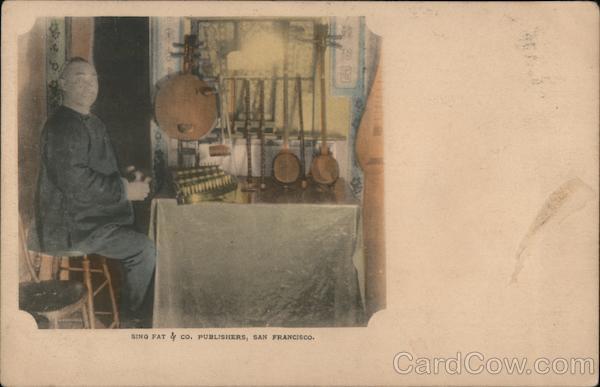 Chinese man at table with instruments Chinatown San Francisco California