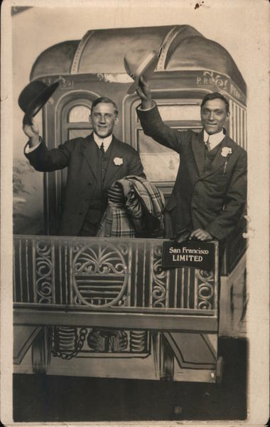 Two Men Posing on the Back of a Train San Francisco California