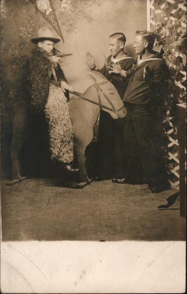 Studio: Man on Fake Donkey Holding Two Men at Gunpoint San Francisco California