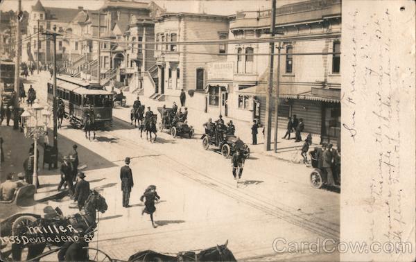 After Strike, 1907 Cable Car, Horses and Cars San Francisco California