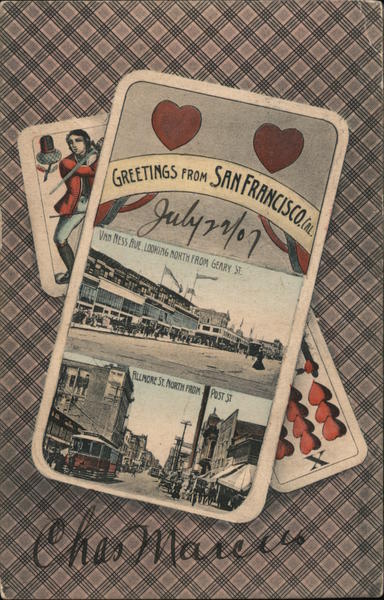 Greetings from San Francisco, Cal. Van Ness Ave, Looking North fro Geary St. California