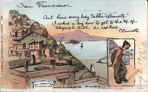 Telegraph Hill from China Town, Showing Alcatraz Island San Francisco California