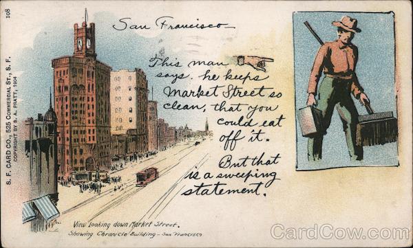 View Looking Down Market Street Showing Chronicle Building San Francisco California