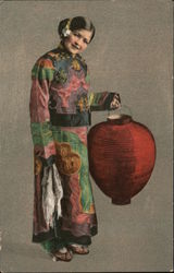 Woman in Traditional Chinese Costume, With Large Paper Lantern Chinatown Postcard