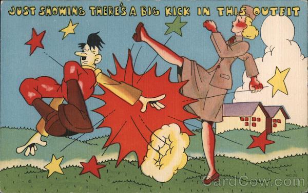 Woman in uniform kicking a man Military