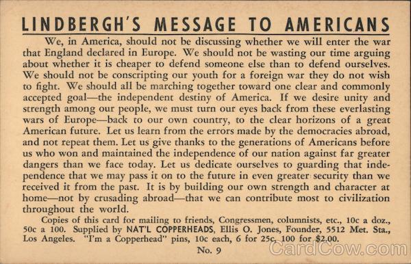 Lindbergh's Message to Americans Patriotic