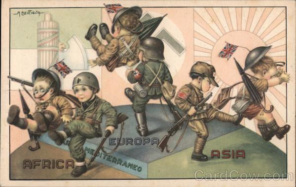 Children in Military Uniforms Going Different Ways on a Globe