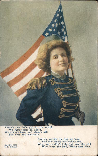Girl in Military Band Uniform Carrying American Flag