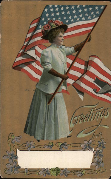Woman Waving American Flag Greetings Patriotic
