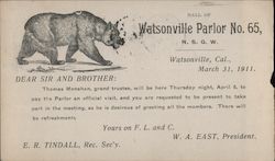 Hall of Watsonville Parlor No. 65. N.S.G.W. Watsonville, Cal., March 31, 1911 Postcard