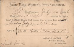 Pacific Coast Woman's Press Association. Abbie E. Krebs, Ass't Rec. Secretary, 911 Sutter Street Postcard