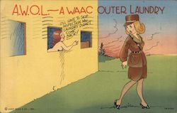 A woman leaning out a window talking to another woman who is in the Women's Army Auxiliary Corp Postcard