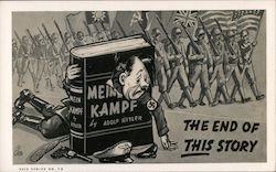 The End Of This Story. Armies Marching behind Adolf Hitler whose head is through a book. Postcard