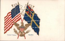 Flags of the United States and Sweden and a Bronze Eagle with a Shield Postcard