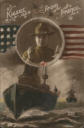 Kisses from France Soldier with flag and two ships Postcard