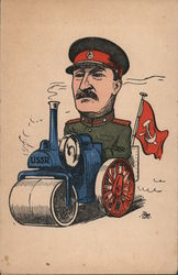 Jospeh Stalin riding a steam roller with the Communist flag flying behind it Postcard