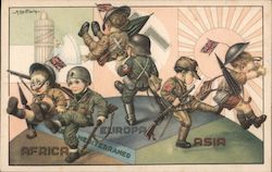 Children in Military Uniforms Going Different Ways on a Globe Postcard
