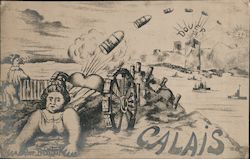 Calais Woman Shooting Artillery Postcard