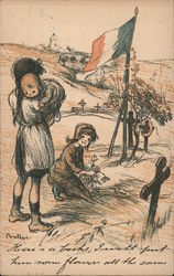 Orphans of War: Three Girls at a Grave Site Under a French Flag Postcard