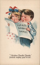 Two Kids Singing Yankee Doodle Dandy Patriotic Postcard Postcard Postcard