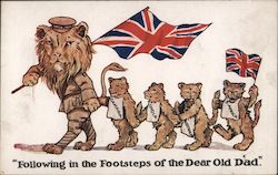 Following the Footsteps of Dear Old Dad - A British Lion with Country Cubs Following Postcard