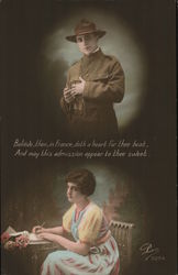 Man in Uniform and Woman Writing Letter Postcard