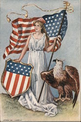 Woman Holding Flag and Flag Shield Next to an Eagle Patriotic P. Sander Postcard Postcard Postcard