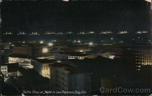 Battleships at Night in San Francisco Bay, California