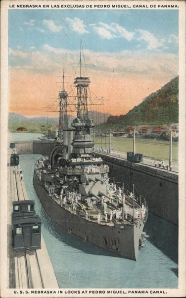 U.S.S. Nebraska in Locks at Pedro Miguel, Panama Canal.