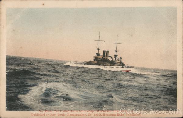 No. 005-A The United States battleship Wisconsin in a heavy sea. Published by Karl Lewis, Photographer, No. 136-D, Honmura Road, Yokahama