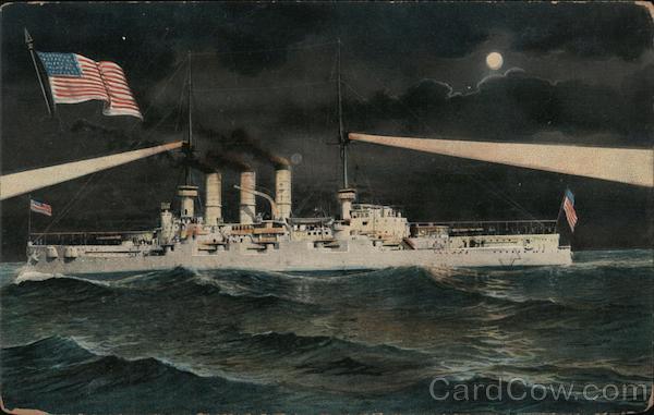 Battleship at Night with an American Flag Great White Fleet