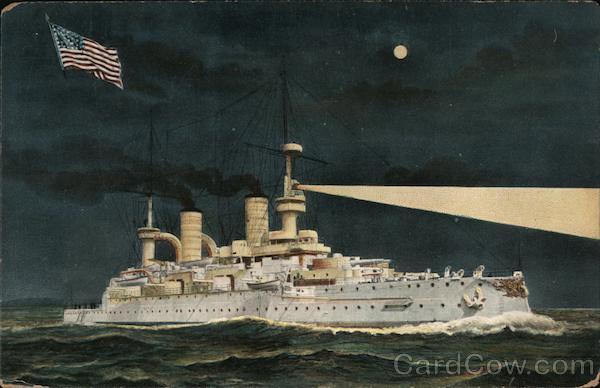 A Battleship at Night with an American Flag Great White Fleet
