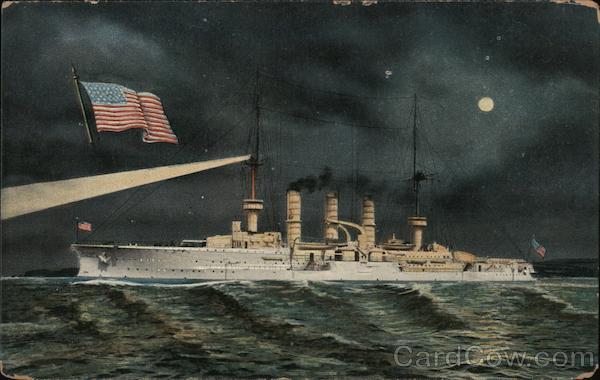 A Ship at Night with an American Flag Great White Fleet
