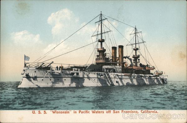 U.S.S. Wisconsin in Pacific Waters off San Francisco, California.