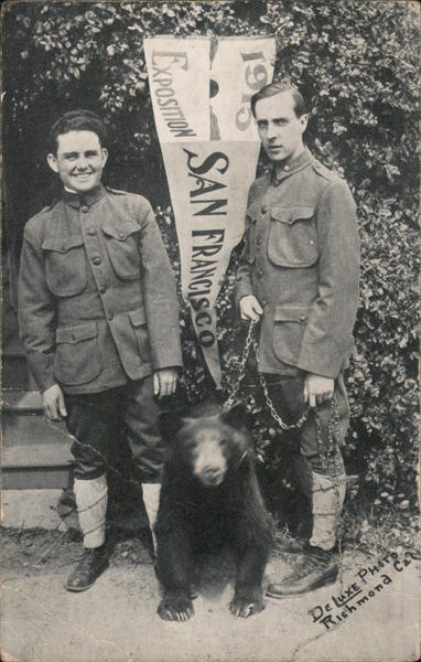 Two Men in Military Uniform With a Black Bear 1915 Panama-Pacific Exposition