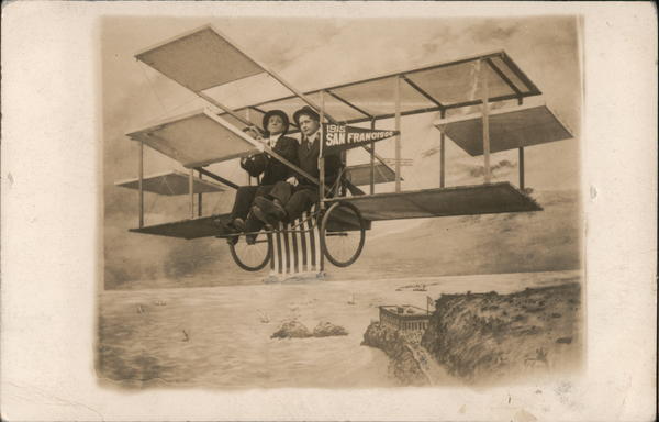 Two Men Having Their Picture Made in a Biplane Replica
