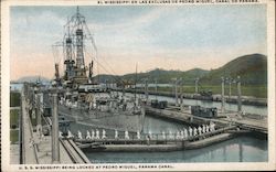 USS Mississippi Being Locked at Pedro Miguel, Panama Canal Postcard