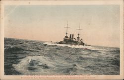 No. 005-A The United States battleship "Wisconsin" in a heavy sea. Published by Karl Lewis, Photographer, No. 136-D, Honmura Road, Yokahama Postcard